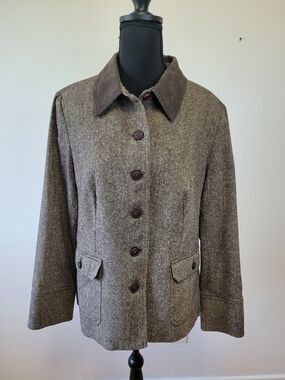 🍂 L.L. Bean Wool Silk Blend Tweed Blazer Suede Collar Jacket - Size 16 Petite